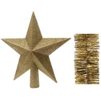 Decoris Kerstversiering kunststof glitter ster piek 19 cm en folieslingers pakket goud van 3x stuks -