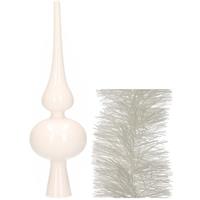 Decoris Kerstversiering glazen piek glans 26 cm en folieslingers pakket winter wit van 3x stuks -