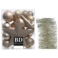 Decoris Kerstversiering kerstballen 5-6-8 cm met ster piek en folieslingers pakket champagne van 35x stuks -