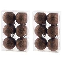 Cosy & Trendy 18x stuks kunststof glitter kerstballen donkerbruin 6 cm -