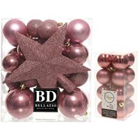 Decoris Kerstversiering kunststof kerstballen met piek oud roze 4-5-6-8 cm pakket van 49x stuks -