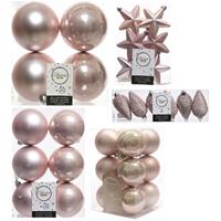 Decoris Kerstversiering kunststof kerstballen lichtroze 6-8-10 cm pakket van 62x stuks -