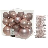 Decoris Kerstversiering kunststof kerstballen 6-8-10 cm met sterren slingers pakket lichtroze van 28x stuks -