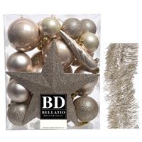 Decoris Kerstversiering kerstballen 5-6-8 cm met ster piek en folieslingers pakket champagne van 35x stuks -