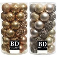 Bellatio 74x stuks kunststof kerstballen mix camel bruin en champagne 6 cm -