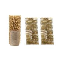 Bellatio Kerstversiering set van 2x stuks folieslingers en 1x stuks kralenslingers goud glitter -