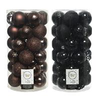 Bellatio 74x stuks kunststof kerstballen mix donkerbruin en zwart 6 cm -