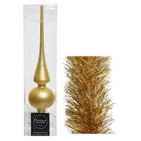 Decoris Kerstversiering glazen piek mat 26 cm en folieslingers pakket goud van 3x stuks -