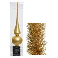 Decoris Kerstversiering glazen piek mat 26 cm en folieslingers pakket goud van 3x stuks -