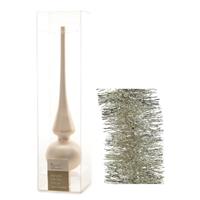 Decoris Kerstversiering glazen piek mat 26 cm en folieslingers pakket licht parel/champagne van 3x stuks -