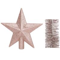 Decoris Kerstversiering kunststof glitter ster piek 19 cm en folieslingers pakket lichtroze van 3x stuks -