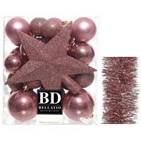 Decoris Kerstversiering kerstballen 5-6-8 cm met ster piek en folieslingers pakket oud roze van 35x stuks -