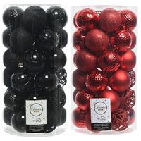 Bellatio 74x stuks kunststof kerstballen mix rood en zwart 6 cm -