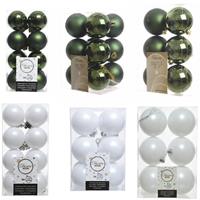 Decoris Kerstversiering kunststof kerstballen mix donkergroen/winter wit 4-6-8 cm pakket van 68x stuks -