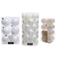Decoris 59x stuks kunststof kerstballen parelmoer wit 4, 6 en 8 cm glans/mat/glitter mix -