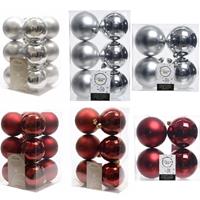 Decoris Kerstversiering kunststof kerstballen mix donkerrood/zilver 6-8-10 cm pakket van 44x stuks -