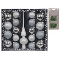 Christmas goods Set 19-delig met glazen kerstballen en piek zilver incl 40x haakjes -