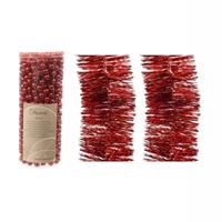 Bellatio Kerstversiering set van 2x stuks folieslingers en 1x stuks kralenslingers rood -