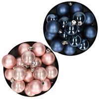 Decoris Kerstversiering kunststof kerstballen mix donkerblauw/lichtroze 4 en 6 cm pakket van 80x stuks -