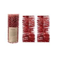 Bellatio Kerstversiering set van 2x stuks folieslingers en 1x stuks kralenslingers rood glitter -