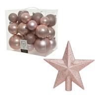 Decoris Kerstversiering kunststof kerstballen met piek lichtroze 6-8-10 cm pakket van 27x stuks -