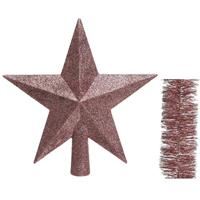 Decoris Kerstversiering kunststof glitter ster piek 19 cm en folieslingers pakket oud roze van 3x stuks -