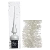 Decoris Kerstversiering glazen piek mat 26 cm en folieslingers pakket winter wit van 3x stuks -