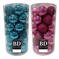 Bellatio 74x stuks kunststof kerstballen mix turquoise en fuchsia roze 6 cm -