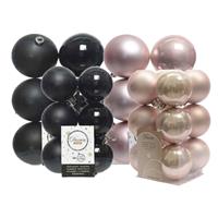 Decoris 36x stuks kunststof kerstballen zwart en lichtroze 6 en 8 cm -