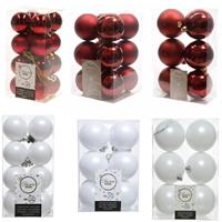 Decoris Kerstversiering kunststof kerstballen mix donkerrood/winter wit 4-6-8 cm pakket van 68x stuks -