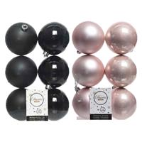 Decoris 24x stuks kunststof kerstballen zwart en lichtroze 8 cm -