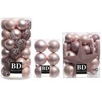 Bellatio 76x stuks kunststof kerstballen met ster piek lichtroze (blush pink) mix -