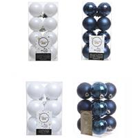 Decoris Kerstversiering kunststof kerstballen mix donkerblauw/winter wit 4 en 6 cm pakket van 80x stuks -