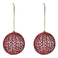 2x Rode glitter draad/rotan look kerstballen kunststof 9 cm -