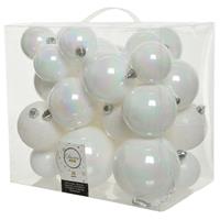 Decoris 26 stuks parelmoer witte kerstballen 6-8-10 cm kunststof -