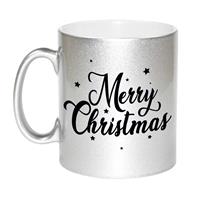 Bellatio Merry Christmas met sterren cadeau kerstmok zilver kerstcadeau collega / personeel 330 ml -