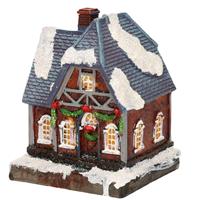1x Polystone kersthuisjes/kerstdorpje huisjes blauw dak met verlichting 13,5 cm -