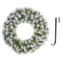 Mica Decorations Kerstkrans/deurkrans groen verlichting 30 lampjes en sneeuw 60 cm met ijzeren hanger -