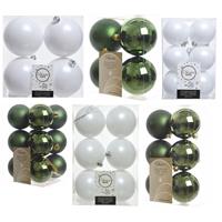 Decoris Kerstversiering kunststof kerstballen mix winter wit/donkergroen 6-8-10 cm pakket van 44x stuks -