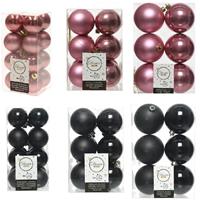 Decoris Kerstversiering kunststof kerstballen mix zwart/oud roze 4-6-8 cm pakket van 68x stuks -