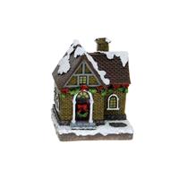 Bellatio 1x Polystone kersthuisjes/kerstdorpje huisjes gele stenen met verlichting 13,5 cm -
