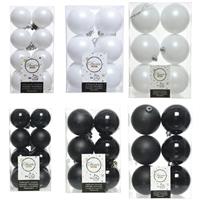 Decoris Kerstversiering kunststof kerstballen mix zwart/wit 4-6-8 cm pakket van 68x stuks -