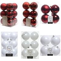 Decoris Kerstversiering kunststof kerstballen mix winter wit/donkerrood 6-8-10 cm pakket van 44x stuks -