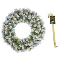 Mica Decorations Kerstkrans/deurkrans groen met verlichting 30 lampjes en sneeuw 60 cm en met gouden hanger -