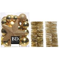 Decoris Kerstversiering kerstballen 5-6-8 cm met ster piek en folieslingers pakket goud van 35x stuks -