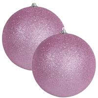 2x Roze grote kerstballen met glitter kunststof 13,5 cm -