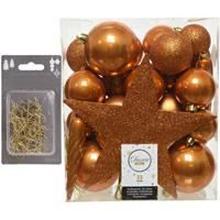 Decoris 33x stuks kunststof kerstballen 5, 6 en 8 cm cognac bruin inclusief ster piek en kerstbalhaakjes -