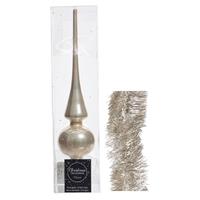 Decoris Kerstversiering glazen piek glans 26 cm en folieslingers pakket licht parel/champagne van 3x stuks -