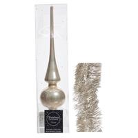 Decoris Kerstversiering glazen piek glans 26 cm en folieslingers pakket licht parel/champagne van 3x stuks -