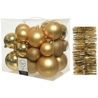 Decoris Kerstversiering kunststof kerstballen 6-8-10 cm met folieslingers pakket goud van 28x stuks -